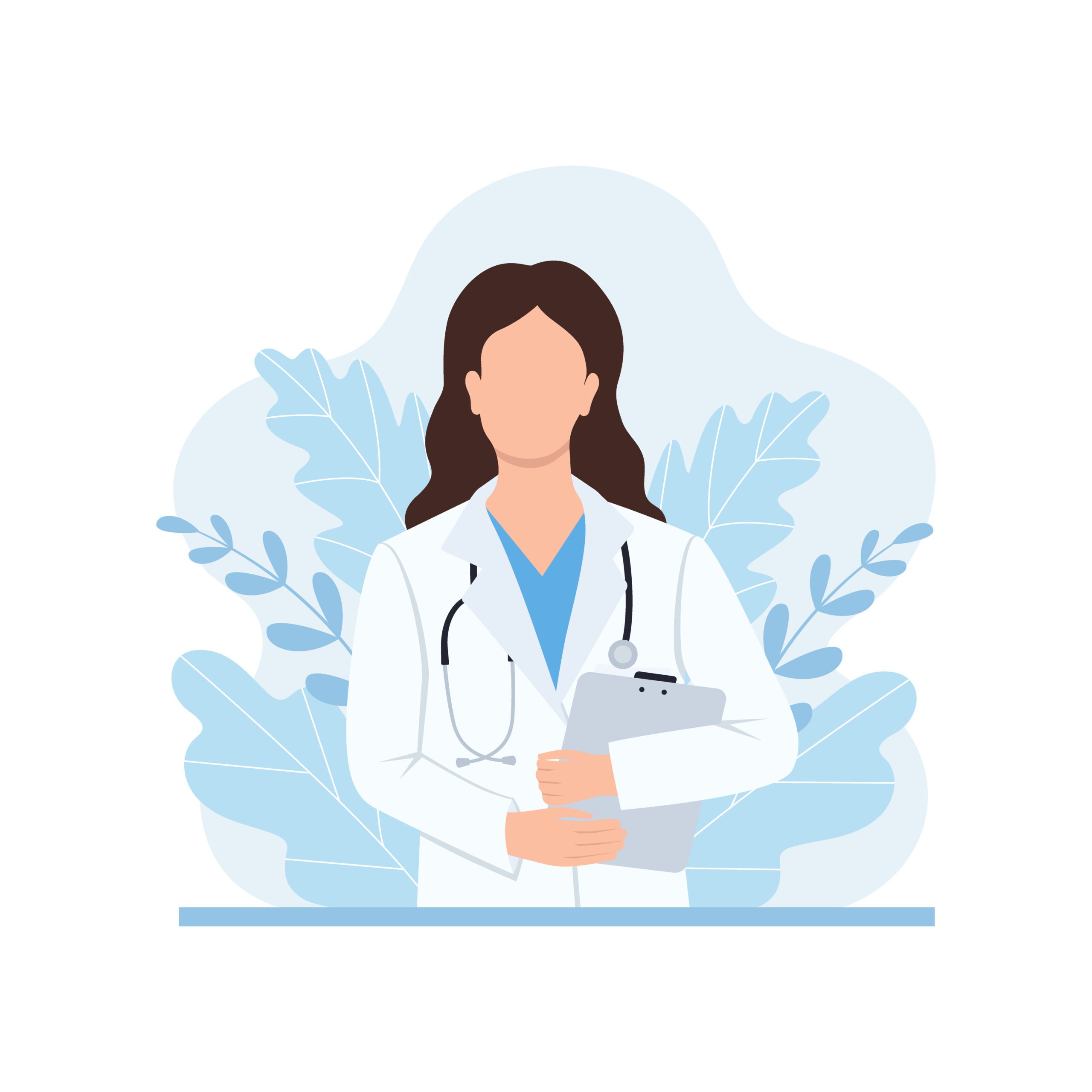A woman doctor with a tablet and a stethoscope, an image on a blue background. A doctor in a medical uniform. Cartoon style. Family doctor. Medical worker, paramedic.